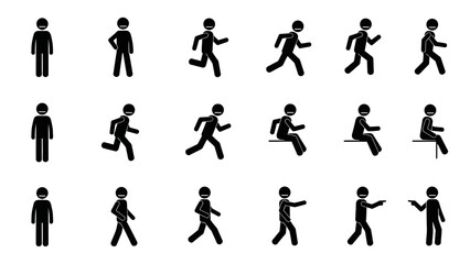 Fototapeta premium Black stick figures in various poses and actions on white background