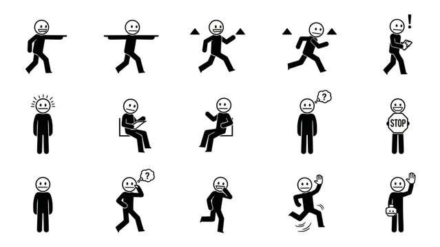 Stick figures people various emotions actions and expressions on white background