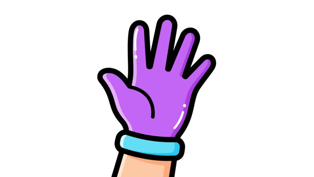 Cartoon hand wearing purple glove and blue wristband raised in greeting or acknowledgement