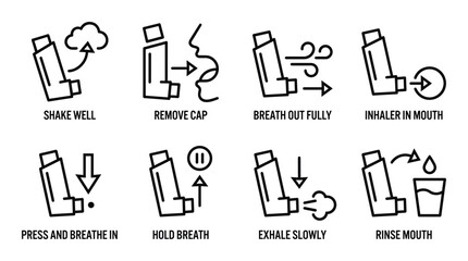 Asthma inhaler usage step by step instruction icons showing proper technique for breathing medicine © GoDesigner