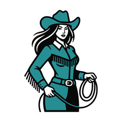 Stylish western woman in teal cowboy hat and fringed shirt with a lasso representing adventure and strong female character