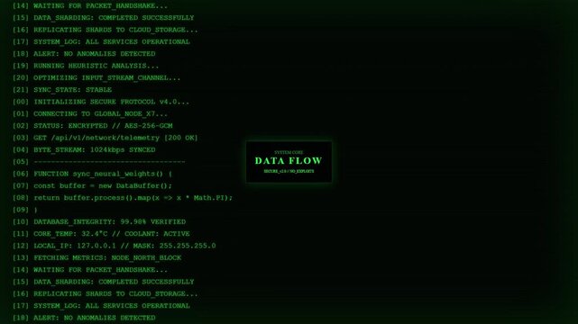 Futuristic AI System Core Interface with Cyber Security Data Flow and Green Coding Terminal.