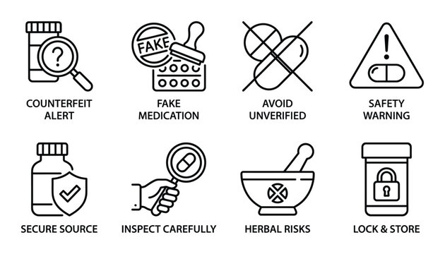 Counterfeit medication alert icons with fake medicine warning and secure supply source verification