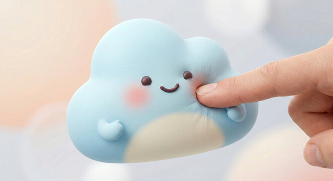 Cute 3D Render of Squishy Pastel Cloud Character with Finger Pressing for Tactile Effect