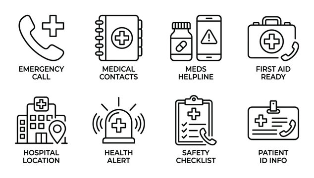 Emergency medical icons representing essential health services and safety information