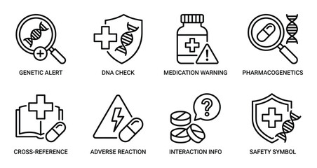 Genetic alert and pharmacogenetics icons for dna testing safety and adverse drug reaction reporting © GoDesigner