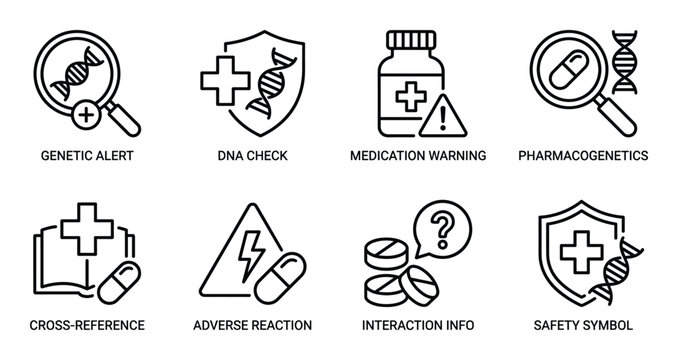 Genetic alert and pharmacogenetics icons for dna testing safety and adverse drug reaction reporting