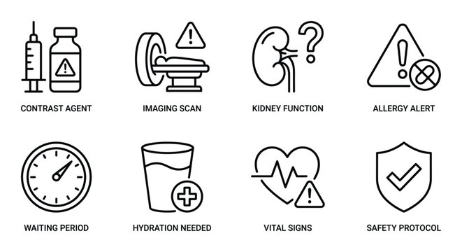 Imaging scan and kidney function testing icons for contrast agent safety and vital sign monitoring