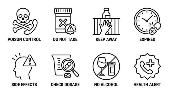 Medical advice and danger icons representing various health precautions and safety measures