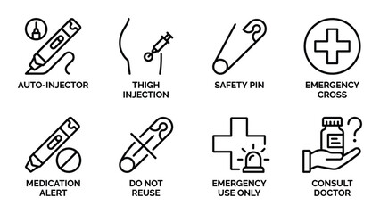 Medical emergency icons set featuring auto-injector, injection, and safety symbols © GoDesigner