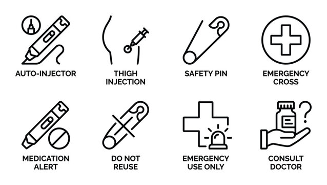 Medical emergency icons set featuring auto-injector, injection, and safety symbols