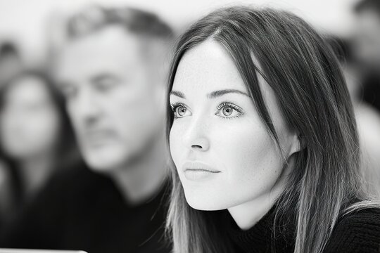 A woman with a focused expression sits in a crowded room with people around her