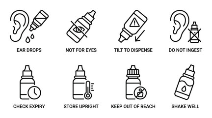 Medical icons set shows ear drops, medication instructions, and general health warnings © GoDesigner