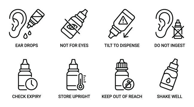 Medical icons set shows ear drops, medication instructions, and general health warnings
