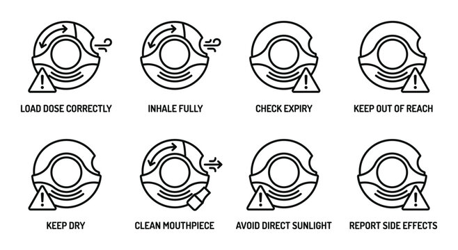 Medical inhaler usage icons set illustrating dose, inhalation, and care instructions