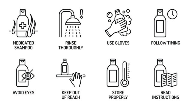 Medicated shampoo application instructions and safety warning icons for hair care product packaging