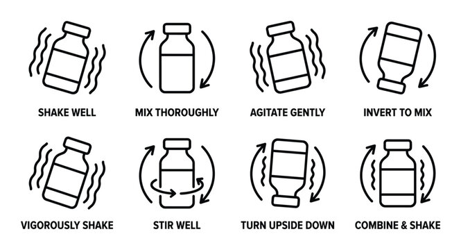 Medicine bottle preparation icons for shaking mixing and agitating liquid suspension pharmaceutical