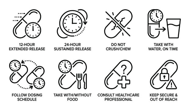 Medicine capsule icons for dosage instructions, release types, and administration guidelines