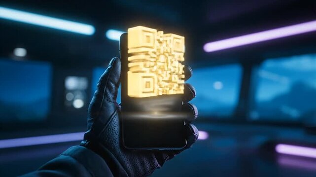 Hand Holding Smartphone with QR Code Display.