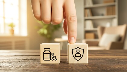 A person's finger pushes down on one of two small wooden blocks placed on a table. The first block displays an icon of a medicine bottle with pills.