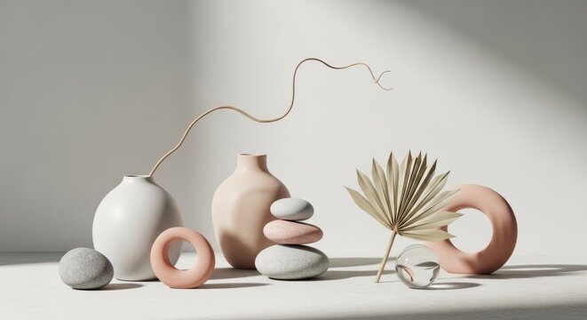 Serene composition of minimalist decor objects and dried plant on a light background