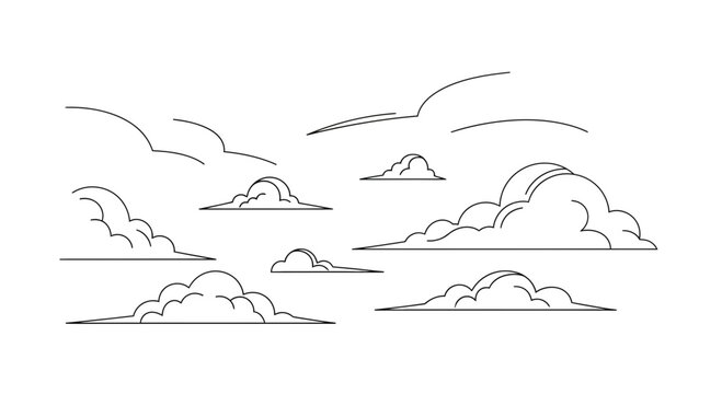 Hand-drawn cloud illustrations, simple line art, white background, sketch style