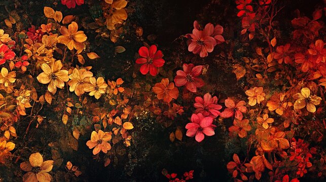 A dark, moody image showcases a dense collection of vibrant red, orange, and yellow flowers, creating a rich, autumnal floral pattern against a black background.