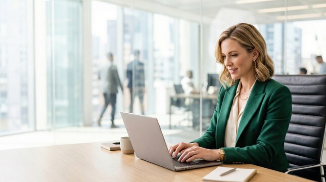 Professional woman in green blazer typing on laptop at bright office desk with city view and colleagues in background, focused and confident expression