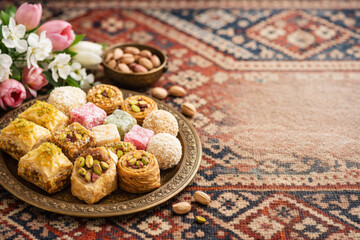 Fototapeta premium Oriental sweets on tray with flowers on carpet. Persian spring New Year Nowruz celebration concept.