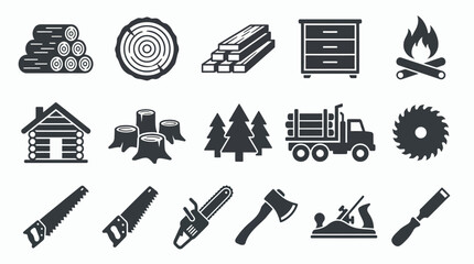 Obraz premium Collection of black flat icons representing lumberjack tools and timber industry elements on white background, concept for woodworking industry, forestry business and carpentry branding