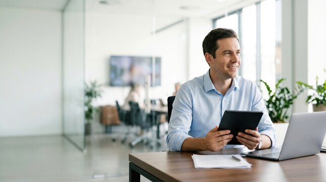 Smiling businessman holding tablet at modern office desk, laptop and documents visible, natural light and glass walled meeting room in background