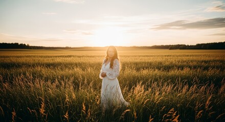 Fototapeta premium Serene woman in flowing white dress bathed in golden sunset light amidst a vast field