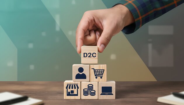 A hand places a wooden block labeled "D2C" onto a pyramid structure made of other wooden blocks. The blocks below display icons representing elements of business.