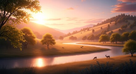 Serene valley landscape bathed in golden sunrise light with a winding river and grazing deer.