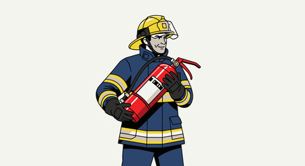 Obraz premium Firefighter in Protective Gear Holding a Fire Extinguisher Ready for Action, Symbolizing Fire Safety and Emergency Response Services