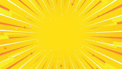 Obraz premium Yellow comic pop art background with dynamic radial burst, vibrant rays, and retro halftone style
