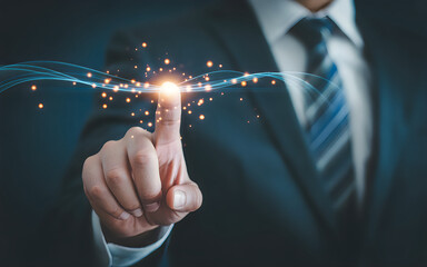 Business professional interacting with futuristic digital interface and network connections