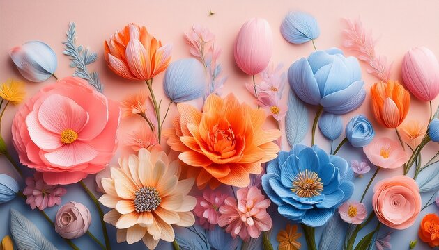 Colorful Illustration Of Flowers In Various Pink Blue Orange Hues On Pastel Background