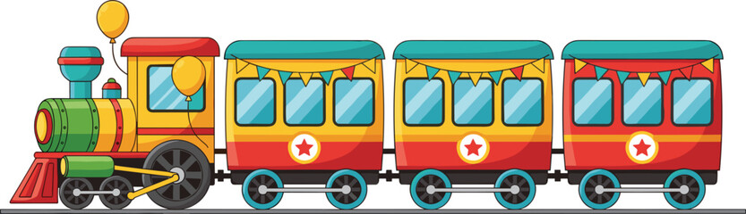Colorful cartoon train with locomotive and passenger cars decorated with balloons, banners, and stars, perfect for children’s party, celebration, and playful design projects © MostArjuma