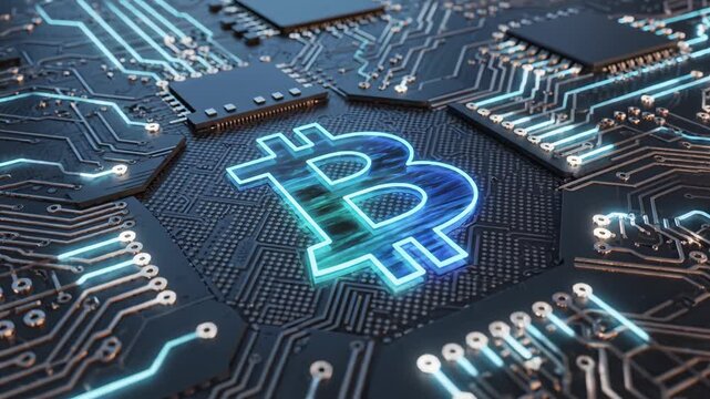 Circuit board with glowing bitcoin symbol
