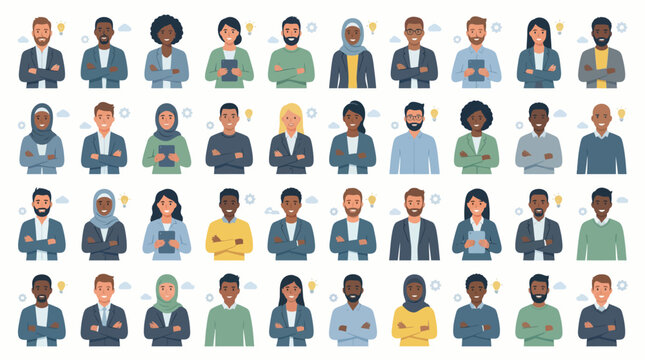 A diverse collection of professional business people avatars, representing various ethnicities and genders in a grid layout.