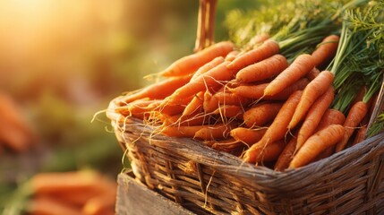 Abundant Wicker Basket Overflowing With Freshly Harvested Organic Carrots Bathed in Warm Sunlight