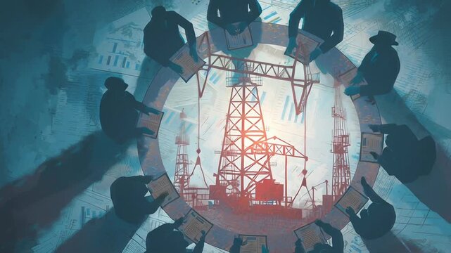 Conceptual illustration of geopolitical oil conflict shown through shadowy figures around a large table made of steel and oil, documents and charts glowing faintly, atmosphere of tension and uncertain