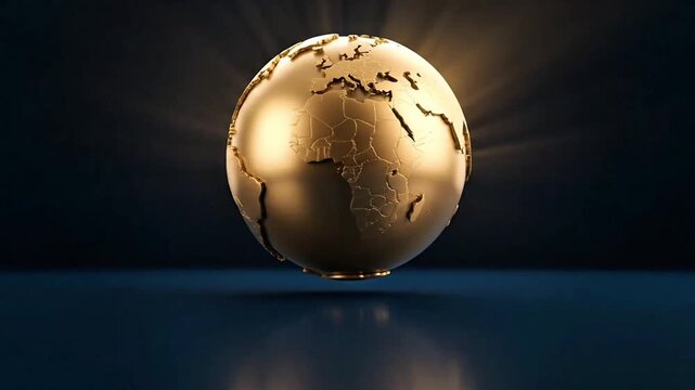 Ultra realistic heavy brushed gold globe slowly rising from ultra dark navy horizon, subtle engraved continental outlines, dramatic volumetric light rays from behind