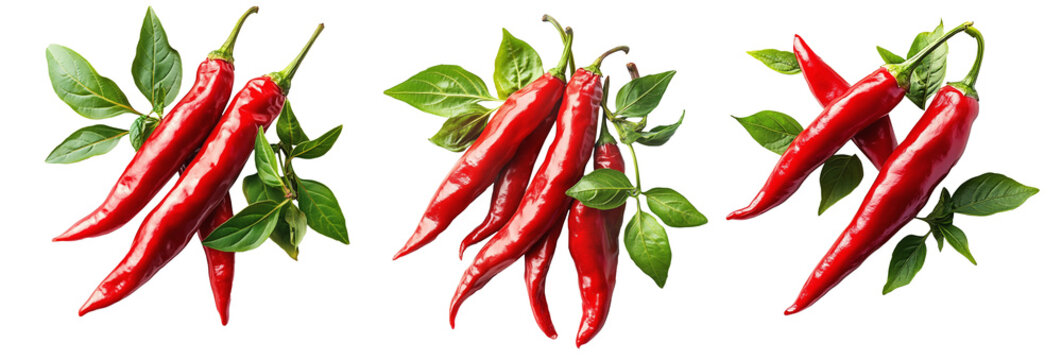 Fresh red chili peppers tied with string, isolated on a white transparent background.