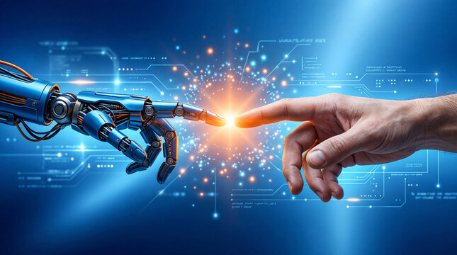 Robotic arm touching human finger with orange light robotic arm, human finger, orange light, blue background, circuit board, wires, metal, technology, innovation, artificial intelligence, machine lear