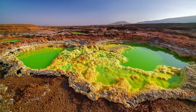 Colorful Landscape Of Green Acid Ponds In Crater Of Dallol Volcano The Hottest Place Year Round On The Planet Located In Afar Region Danakil Depression Northern Ethiopia