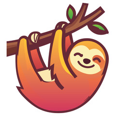 Fototapeta premium Sloth hangs from tree branch with happy expression. Bright orange and yellow colors make image eye-catching. Concept of wildlife, nature, art