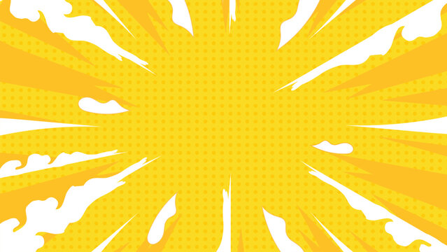 Yellow comic pop art background with dynamic radial burst, vibrant rays, and retro halftone style