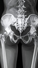A medical X-ray image of a human pelvis and lower spine